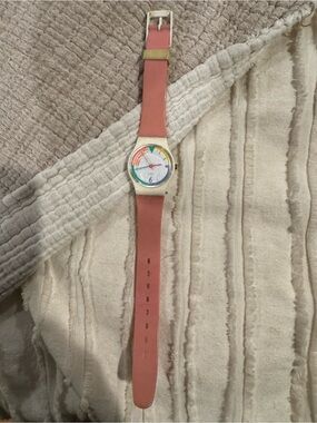 Vintage Swatch Pink Leather Strap Watch with Multicolor Dial